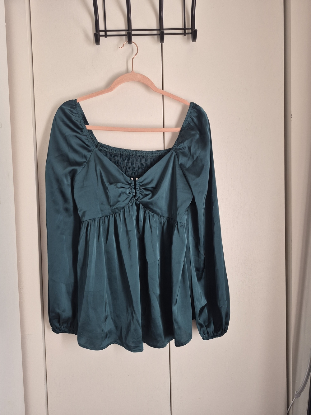 SHEIN Teal Long-Sleeve Satin Babydoll Blouse